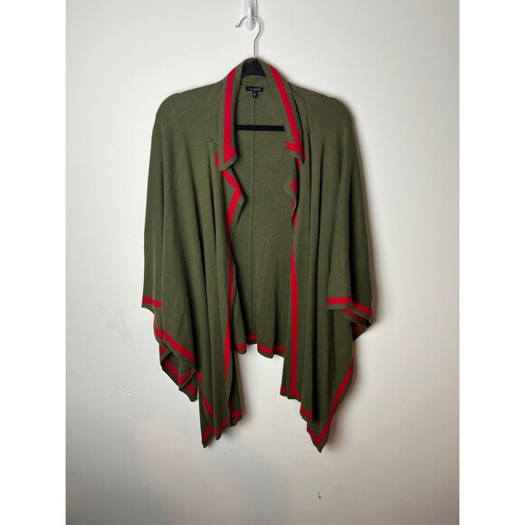 Talbots Sweater Womens One Size Olive Green Red Trim Open Front Wrap Cardigan - Picture 1 of 5
